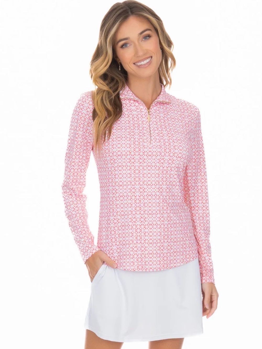 Cabana Life Algarve Geometric-Print Long Sleeve Quarter-Zip Top